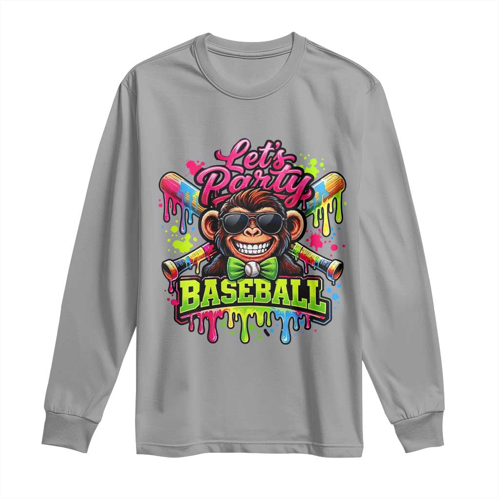 Lets Party Baseball Monkey Neon Dripping Graphic Long Sleeve Shirt Funny Ball Party Game Day Fans