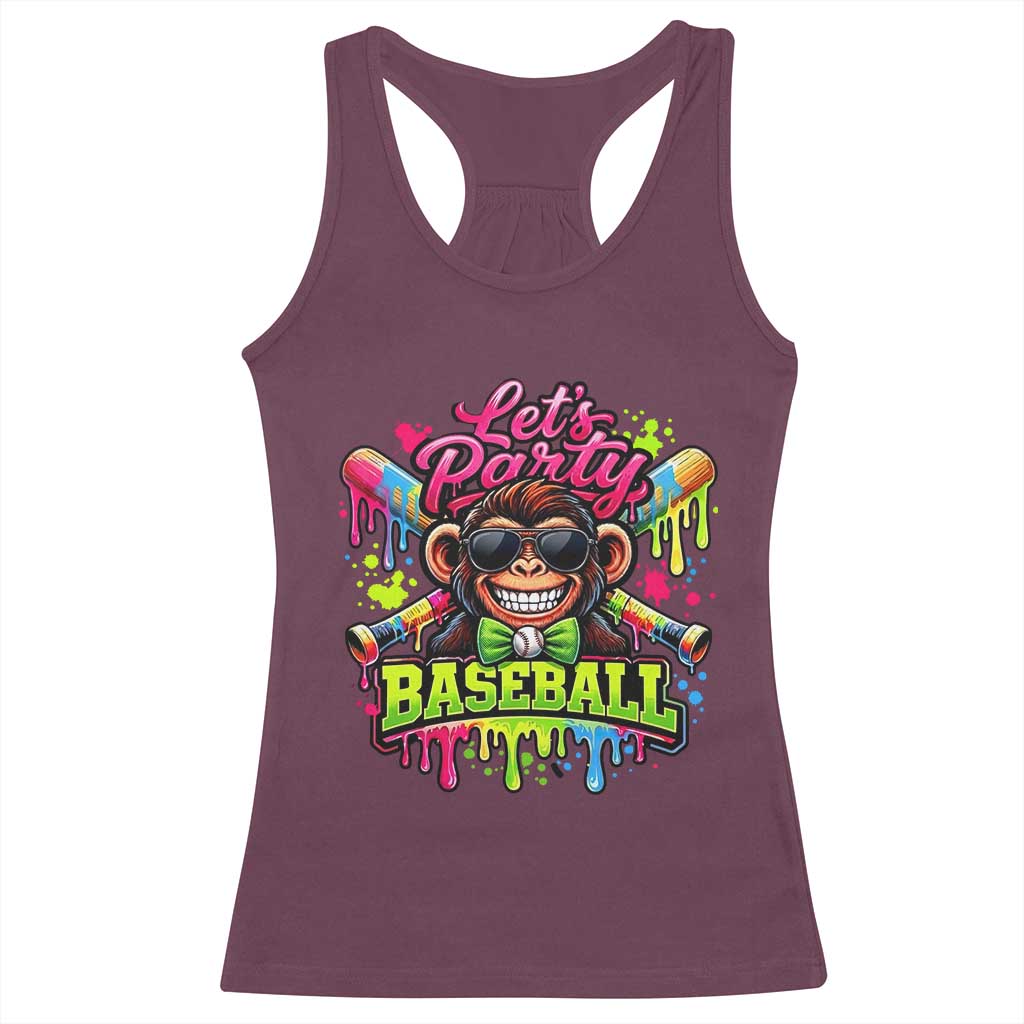 Lets Party Baseball Monkey Neon Dripping Graphic Racerback Tank Top Funny Ball Party Game Day Fans