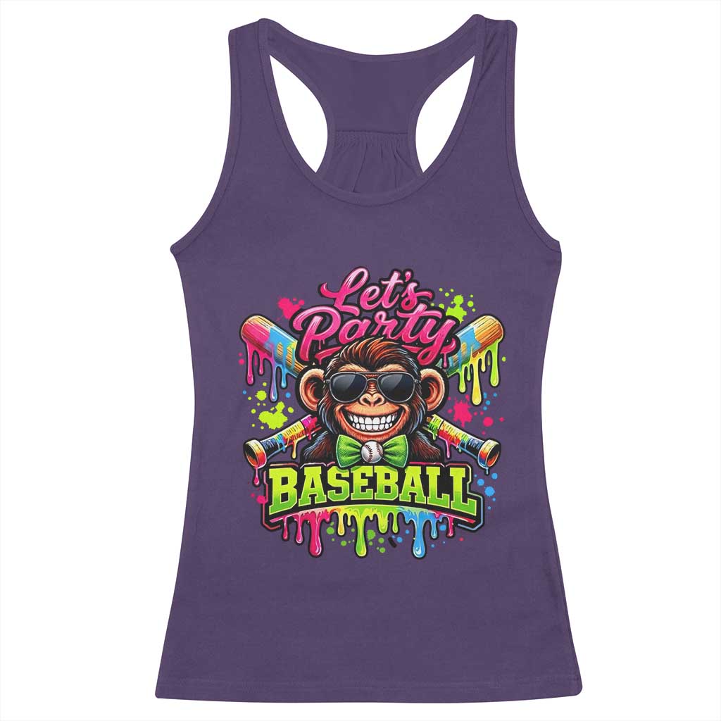 Lets Party Baseball Monkey Neon Dripping Graphic Racerback Tank Top Funny Ball Party Game Day Fans