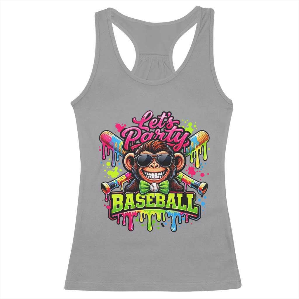 Lets Party Baseball Monkey Neon Dripping Graphic Racerback Tank Top Funny Ball Party Game Day Fans