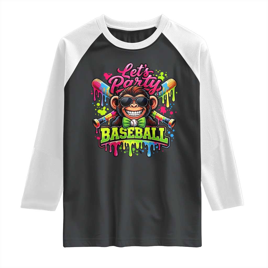 Lets Party Baseball Monkey Neon Dripping Graphic Raglan Shirt Funny Ball Party Game Day Fans