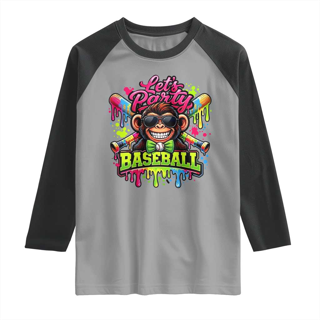 Lets Party Baseball Monkey Neon Dripping Graphic Raglan Shirt Funny Ball Party Game Day Fans