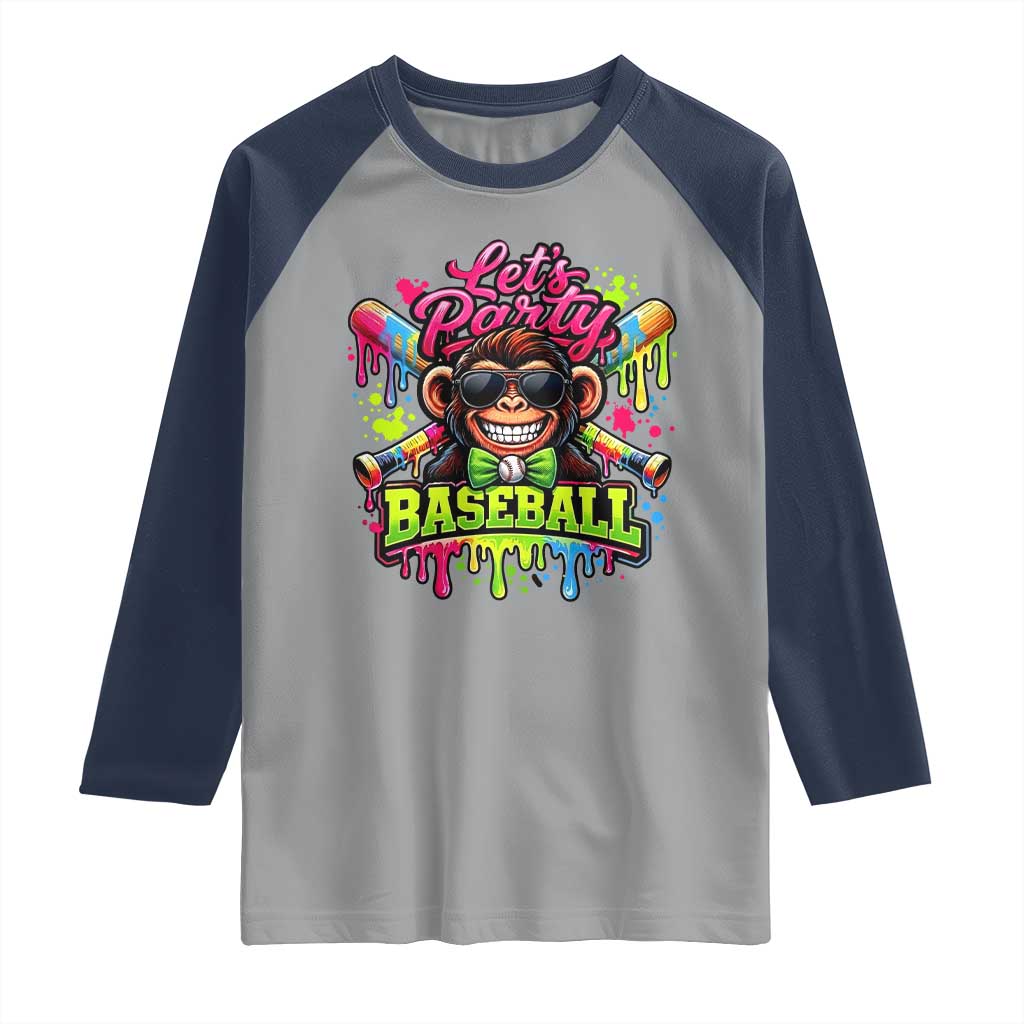 Lets Party Baseball Monkey Neon Dripping Graphic Raglan Shirt Funny Ball Party Game Day Fans