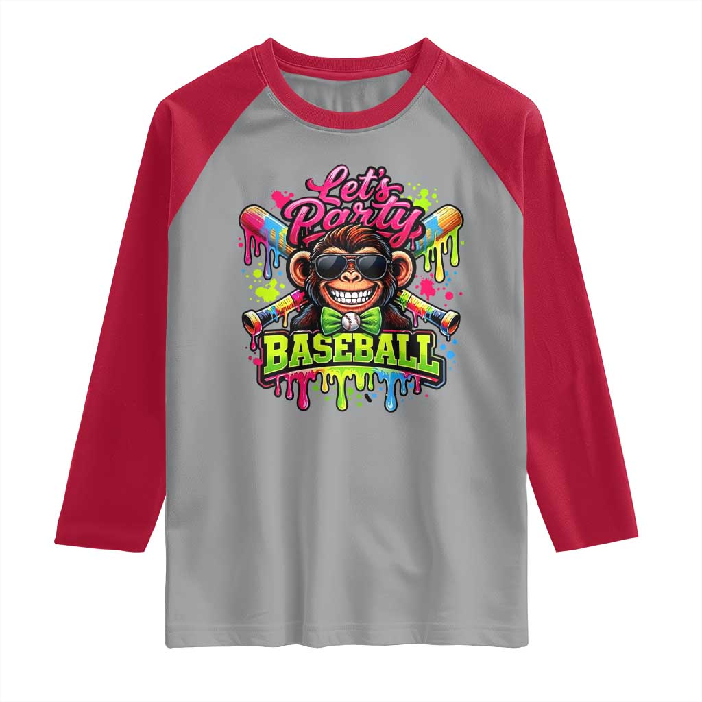 Lets Party Baseball Monkey Neon Dripping Graphic Raglan Shirt Funny Ball Party Game Day Fans