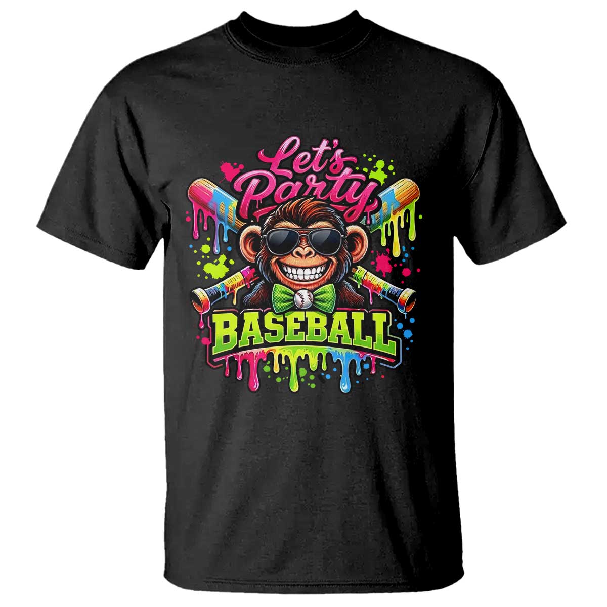 Lets Party Baseball Monkey Neon Dripping Graphic T Shirt Funny Ball Party Game Day Fans