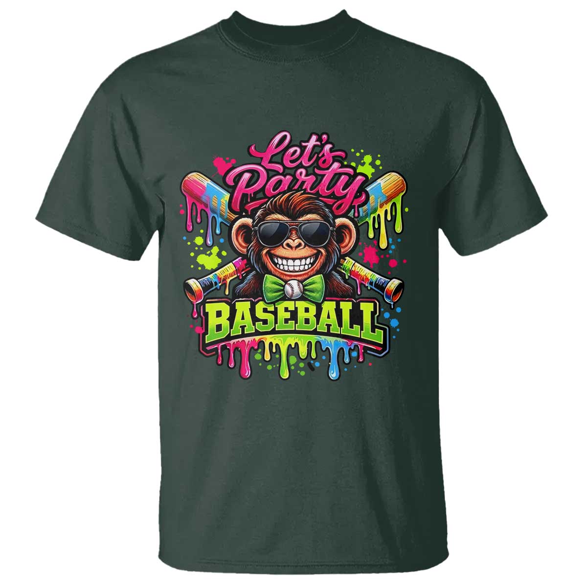 Lets Party Baseball Monkey Neon Dripping Graphic T Shirt Funny Ball Party Game Day Fans