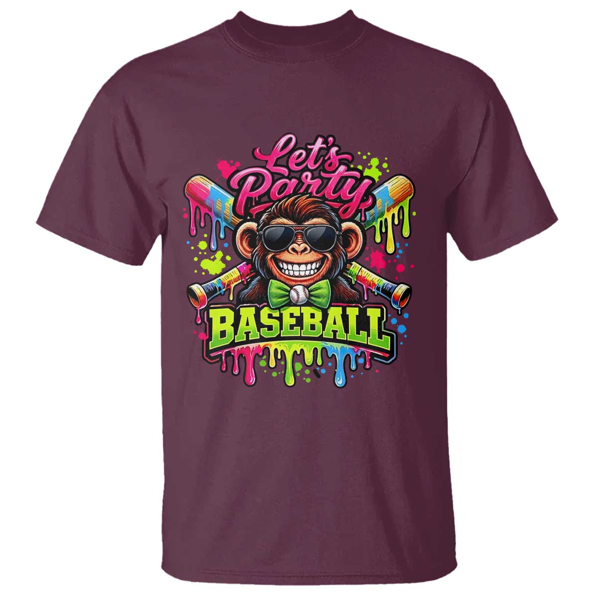 Lets Party Baseball Monkey Neon Dripping Graphic T Shirt Funny Ball Party Game Day Fans