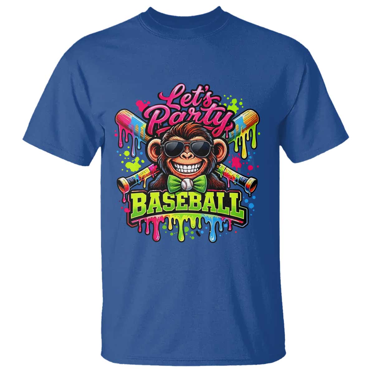 Lets Party Baseball Monkey Neon Dripping Graphic T Shirt Funny Ball Party Game Day Fans