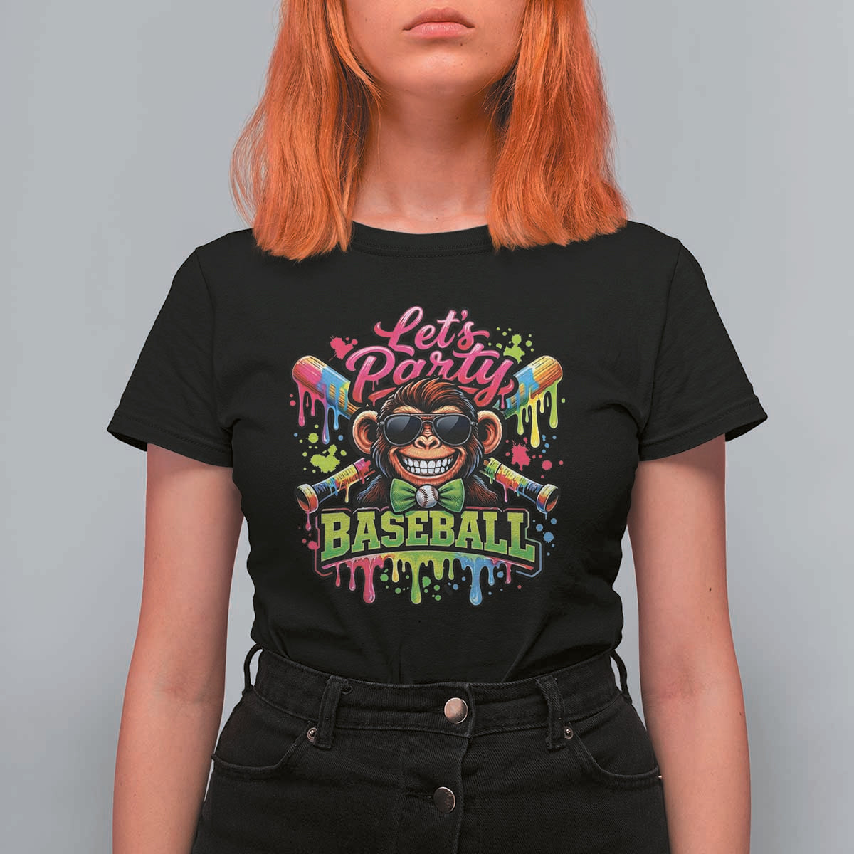 Lets Party Baseball Monkey Neon Dripping Graphic T Shirt For Women Funny Ball Party Game Day Fans
