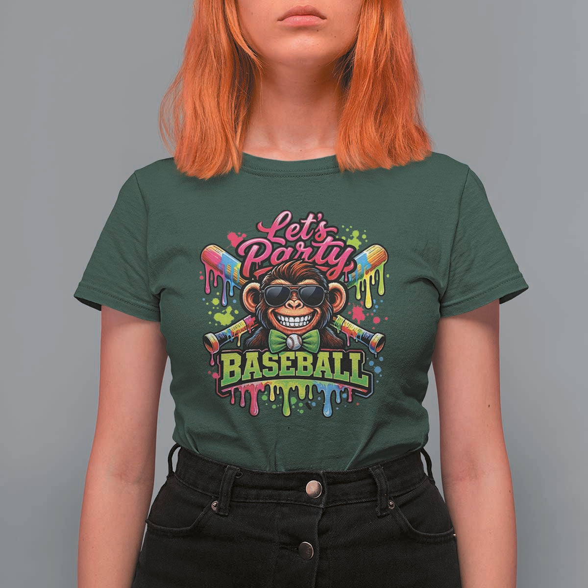 Lets Party Baseball Monkey Neon Dripping Graphic T Shirt For Women Funny Ball Party Game Day Fans