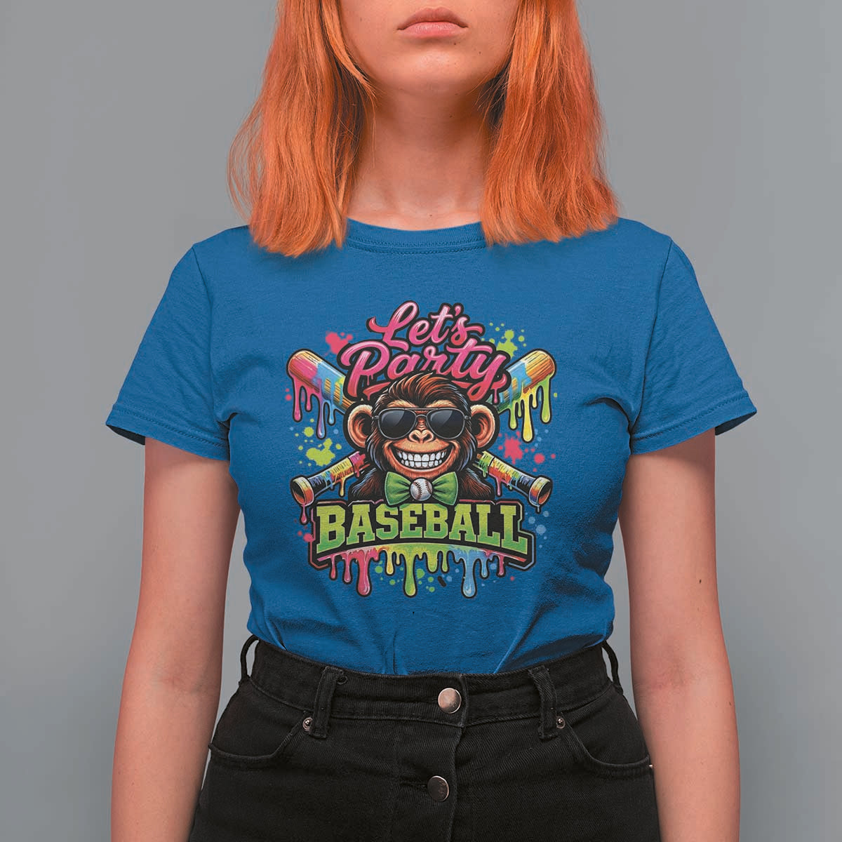 Lets Party Baseball Monkey Neon Dripping Graphic T Shirt For Women Funny Ball Party Game Day Fans