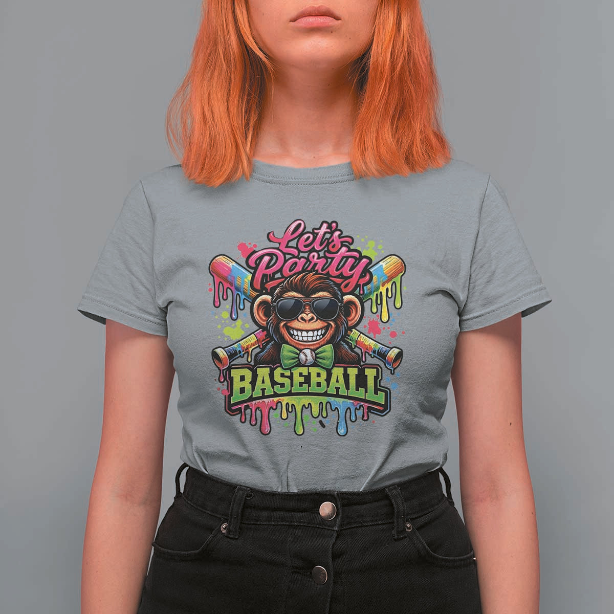 Lets Party Baseball Monkey Neon Dripping Graphic T Shirt For Women Funny Ball Party Game Day Fans