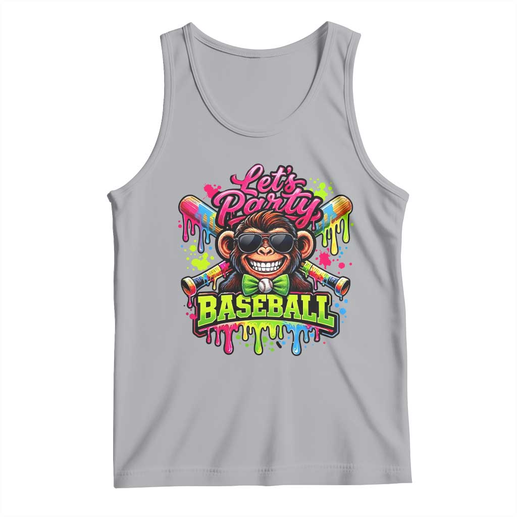 Lets Party Baseball Monkey Neon Dripping Graphic Tank Top Funny Ball Party Game Day Fans