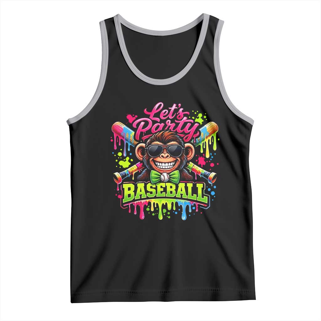 Lets Party Baseball Monkey Neon Dripping Graphic Tank Top Funny Ball Party Game Day Fans