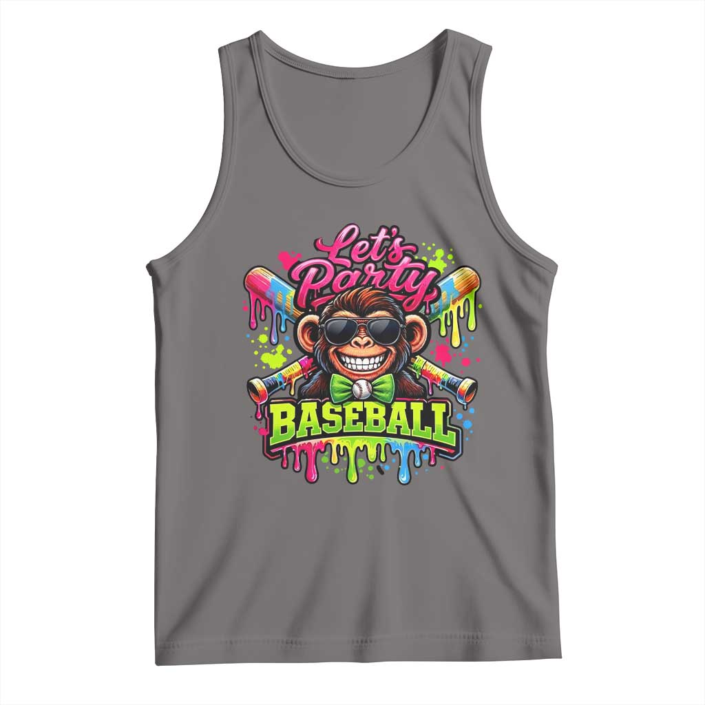 Lets Party Baseball Monkey Neon Dripping Graphic Tank Top Funny Ball Party Game Day Fans