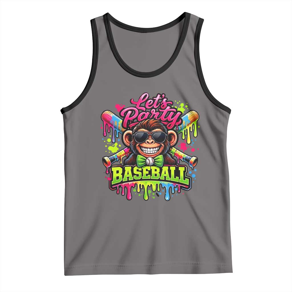 Lets Party Baseball Monkey Neon Dripping Graphic Tank Top Funny Ball Party Game Day Fans