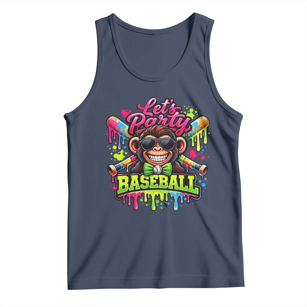 Lets Party Baseball Monkey Neon Dripping Graphic Tank Top Funny Ball Party Game Day Fans