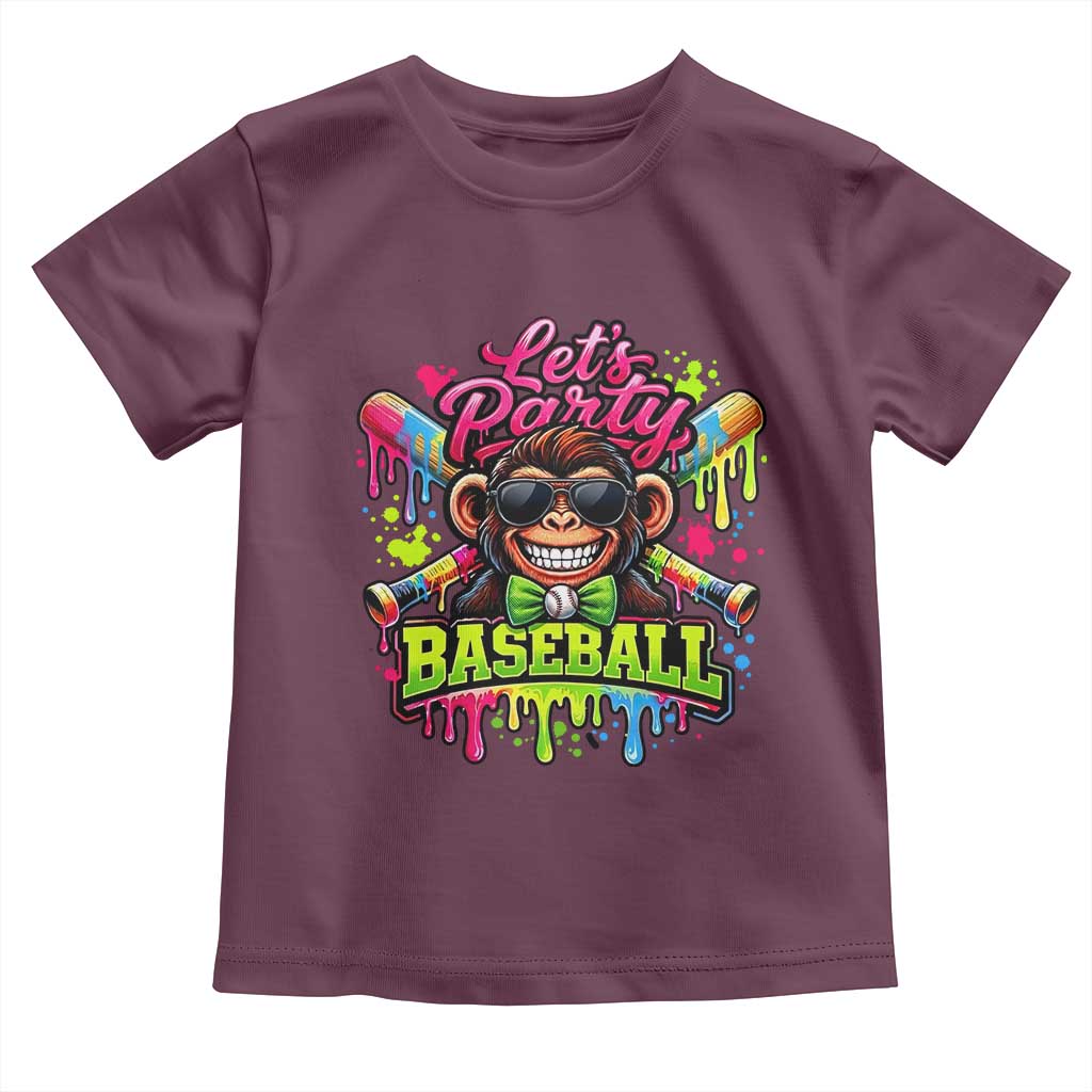 Lets Party Baseball Monkey Neon Dripping Graphic Toddler T Shirt Funny Ball Party Game Day Fans