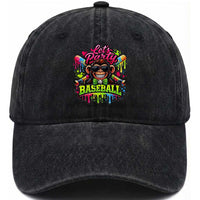 Lets Party Baseball Monkey Neon Dripping Graphic Washed Cotton Baseball Cap Funny Ball Party Game Day Fans