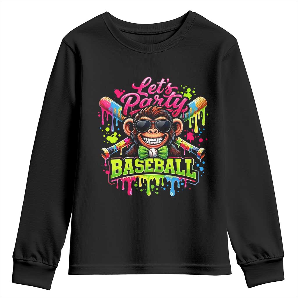 Lets Party Baseball Monkey Neon Dripping Graphic Youth Sweatshirt Funny Ball Party Game Day Fans