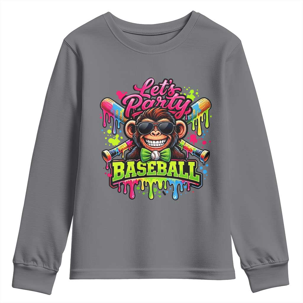 Lets Party Baseball Monkey Neon Dripping Graphic Youth Sweatshirt Funny Ball Party Game Day Fans