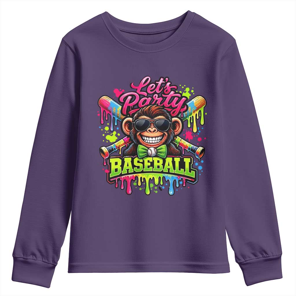 Lets Party Baseball Monkey Neon Dripping Graphic Youth Sweatshirt Funny Ball Party Game Day Fans
