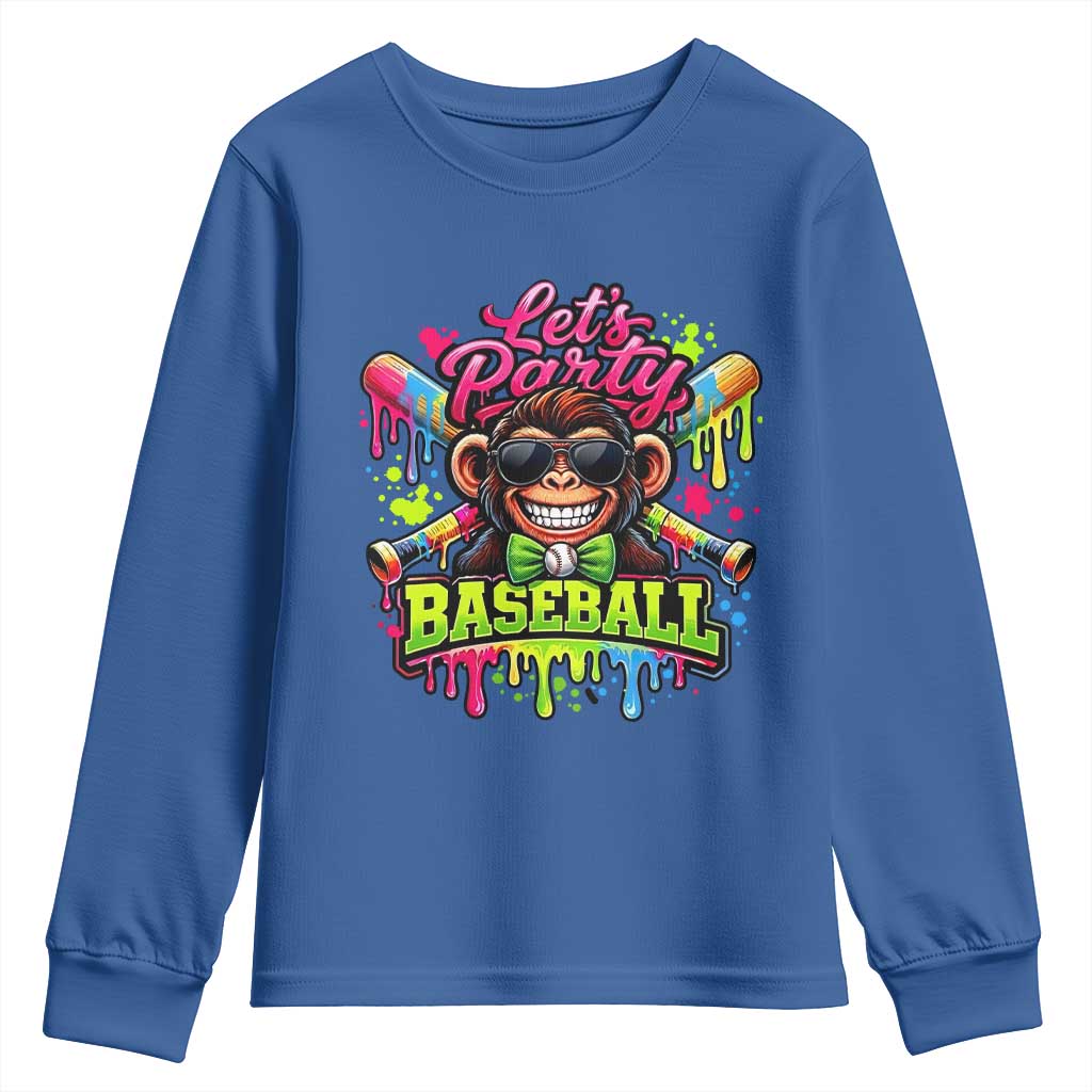 Lets Party Baseball Monkey Neon Dripping Graphic Youth Sweatshirt Funny Ball Party Game Day Fans
