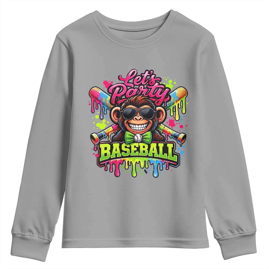 Lets Party Baseball Monkey Neon Dripping Graphic Youth Sweatshirt Funny Ball Party Game Day Fans