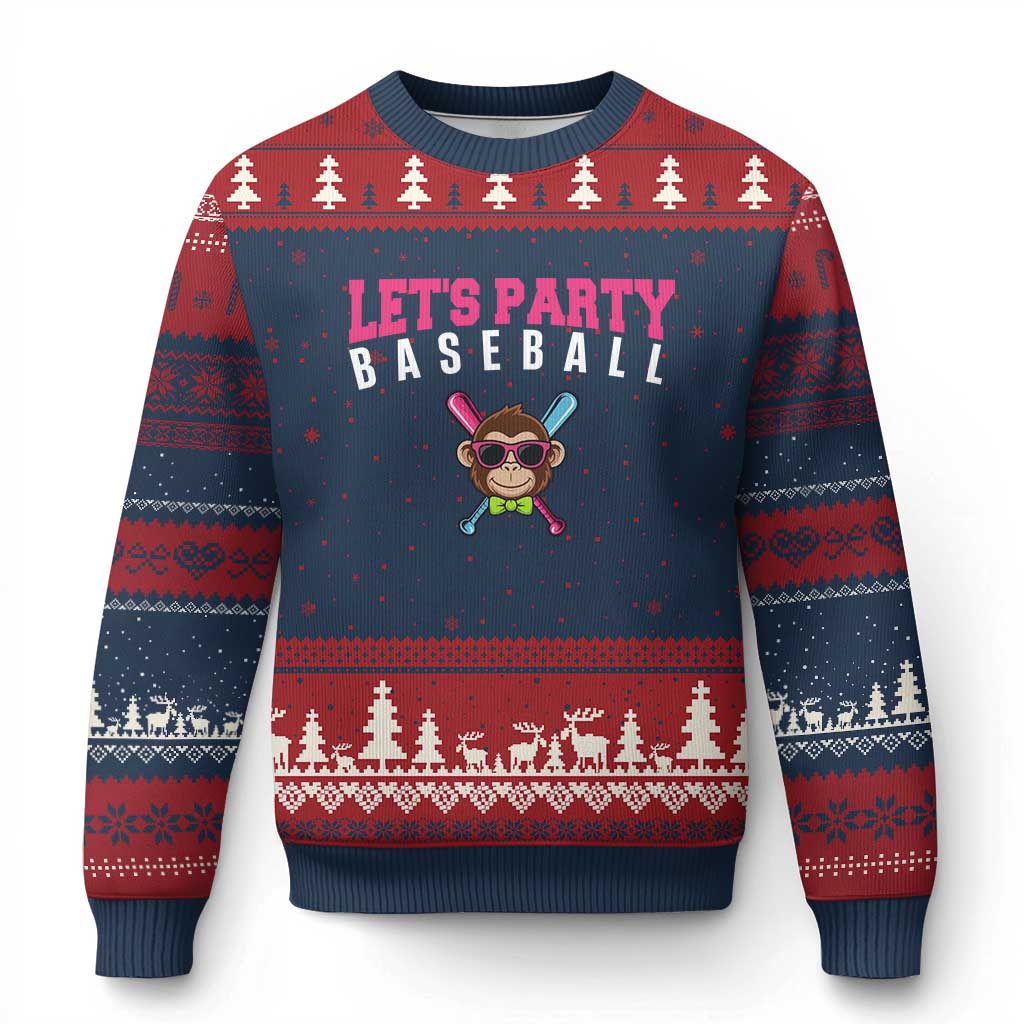 Let's Party Baseball Monkey Ugly Christmas Sweater Ball Party Game Day Vibes