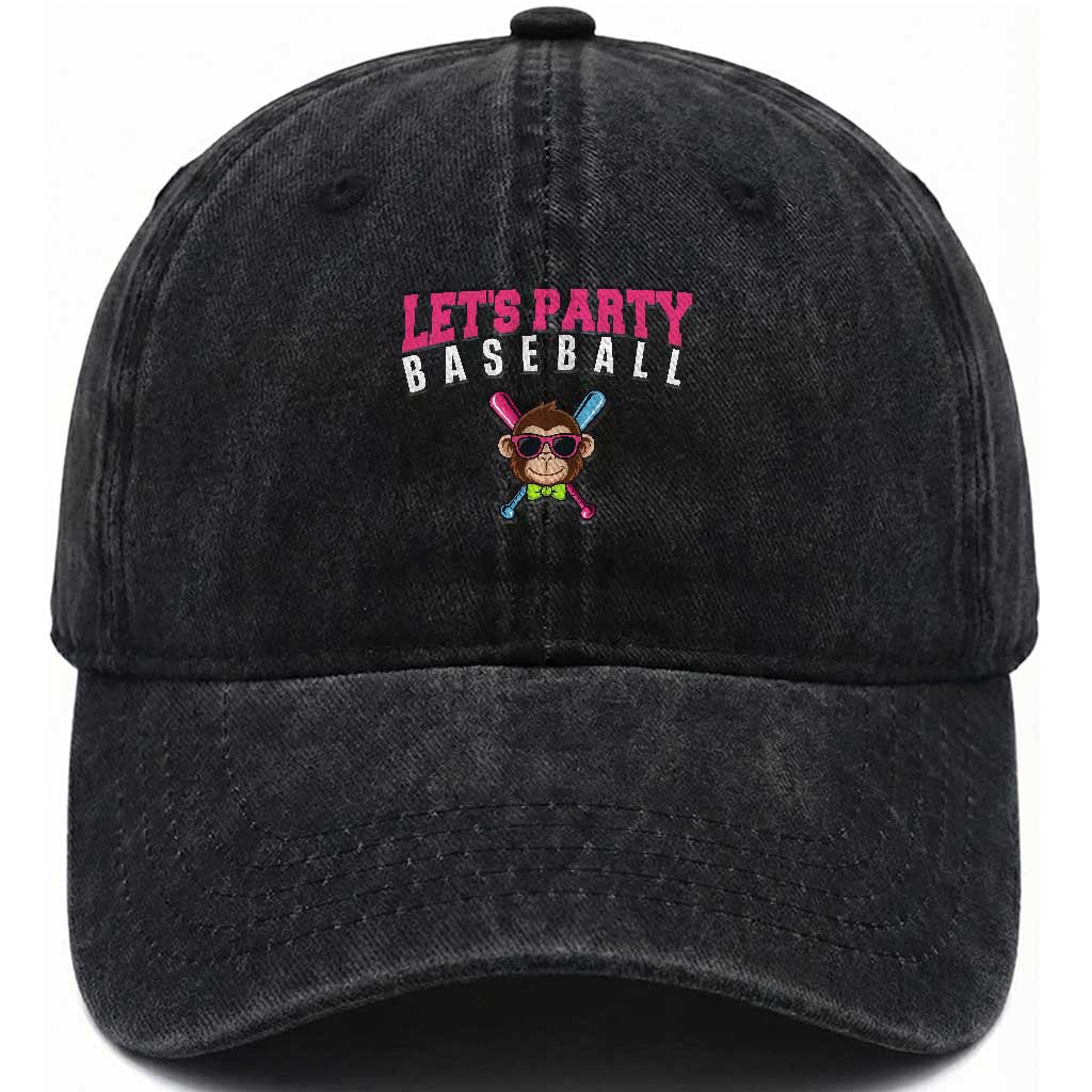 Let's Party Baseball Monkey Washed Cotton Baseball Cap Ball Party Game Day Vibes
