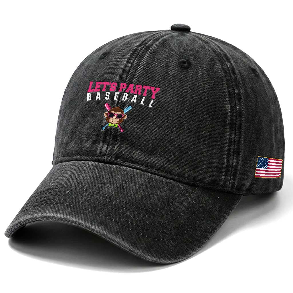 Let's Party Baseball Monkey Washed Cotton Baseball Cap Ball Party Game Day Vibes