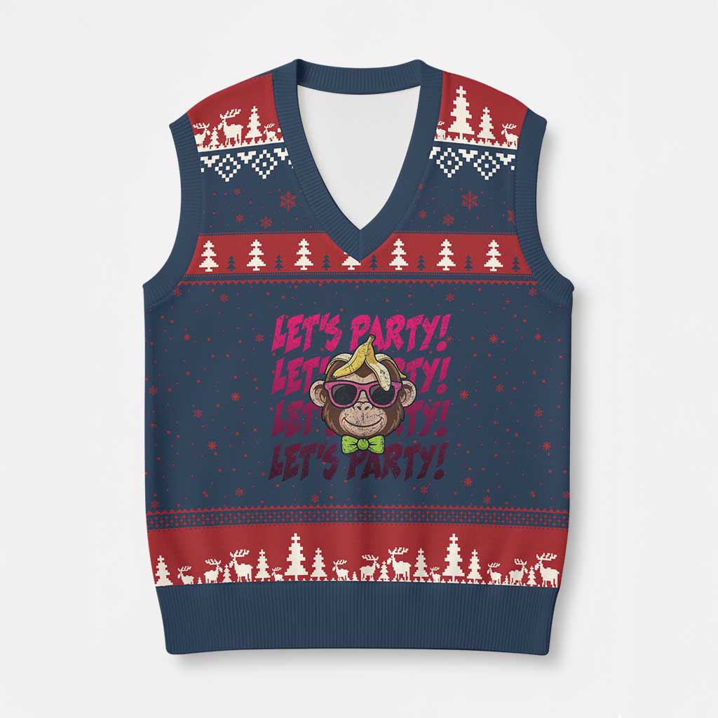 Lets Party Monkey Baseball V-Neck Knit Sweater Vest Funny Ball Party Game Day Fans