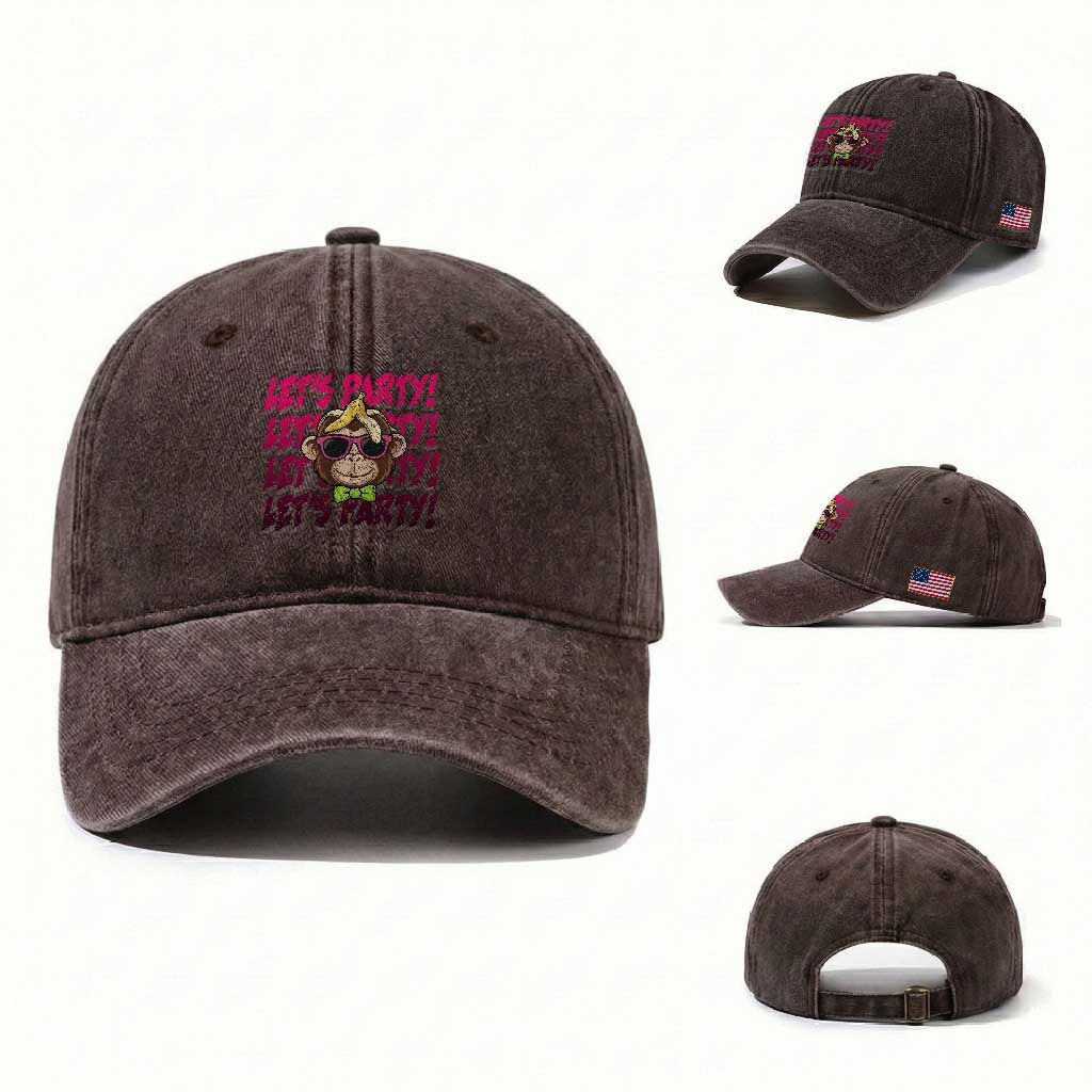 Lets Party Monkey Baseball Washed Cotton Baseball Cap Funny Ball Party Game Day Fans