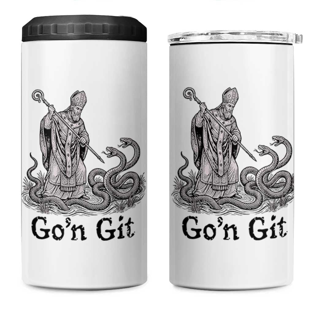 Go'n Git Funny Saint Patrick Banishing Snakes 4 in 1 Can Cooler Tumbler Irish History Humor St Patricks Day
