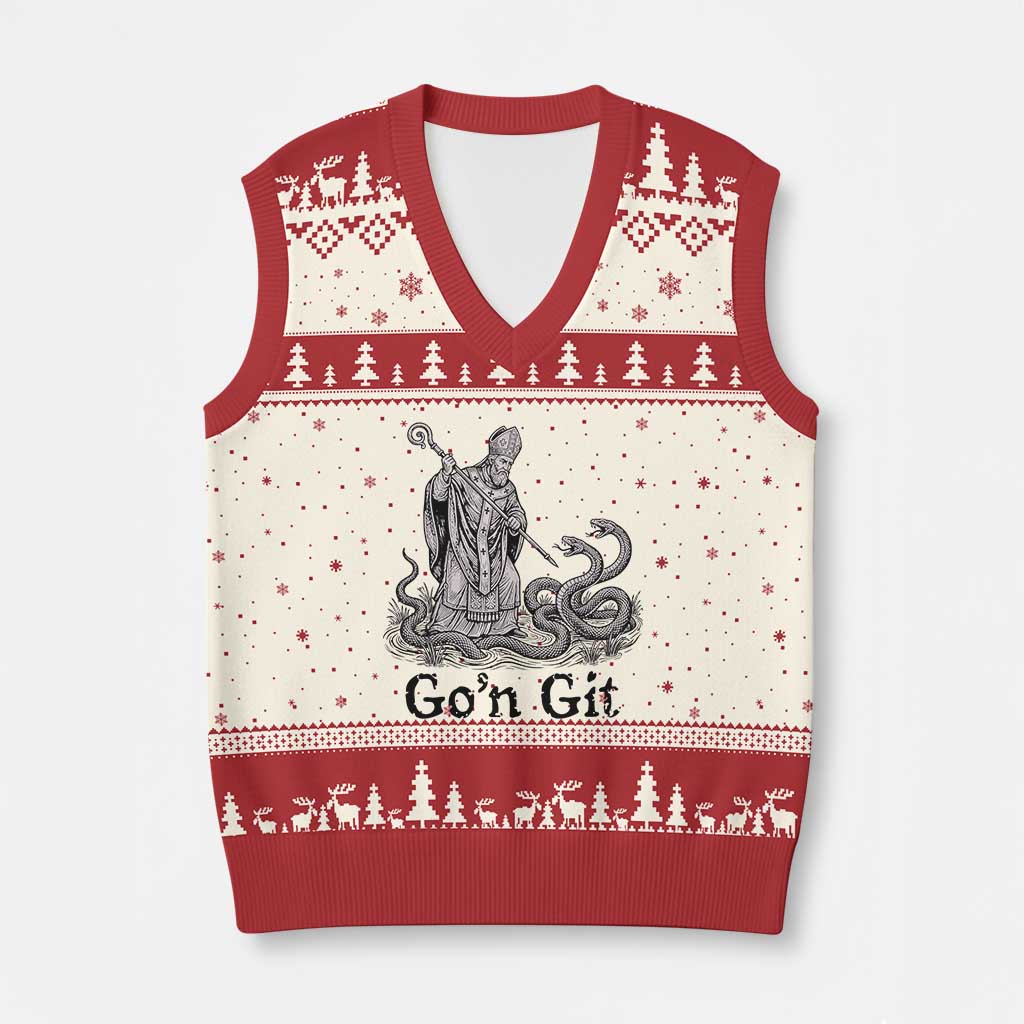 Go'n Git Funny Saint Patrick Banishing Snakes V-Neck Knit Sweater Vest Irish History Humor St Patricks Day