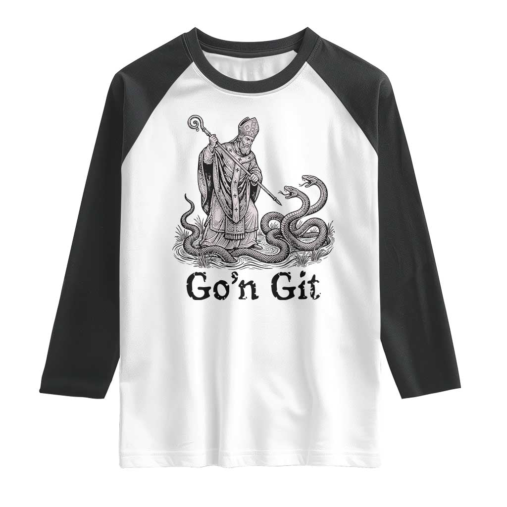 Go'n Git Funny Saint Patrick Banishing Snakes Raglan Shirt Irish History Humor St Patricks Day