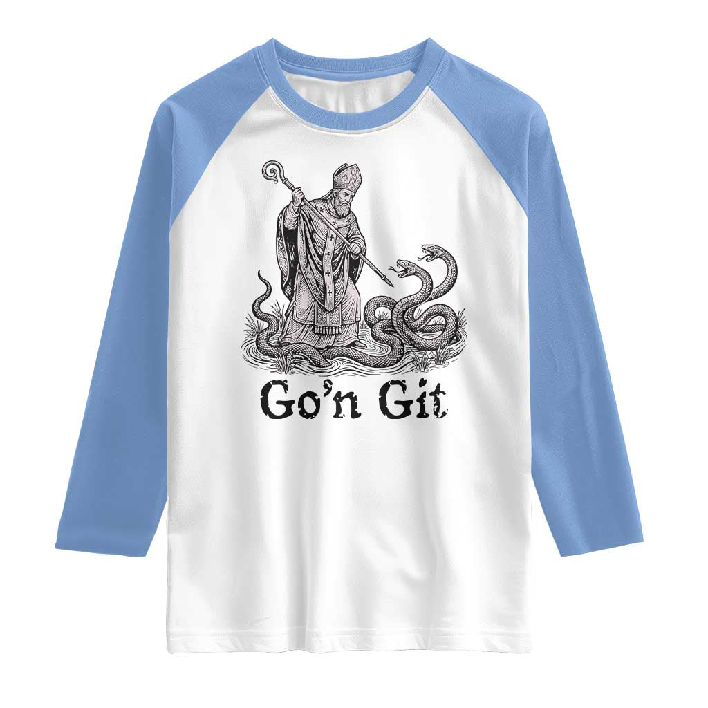 Go'n Git Funny Saint Patrick Banishing Snakes Raglan Shirt Irish History Humor St Patricks Day