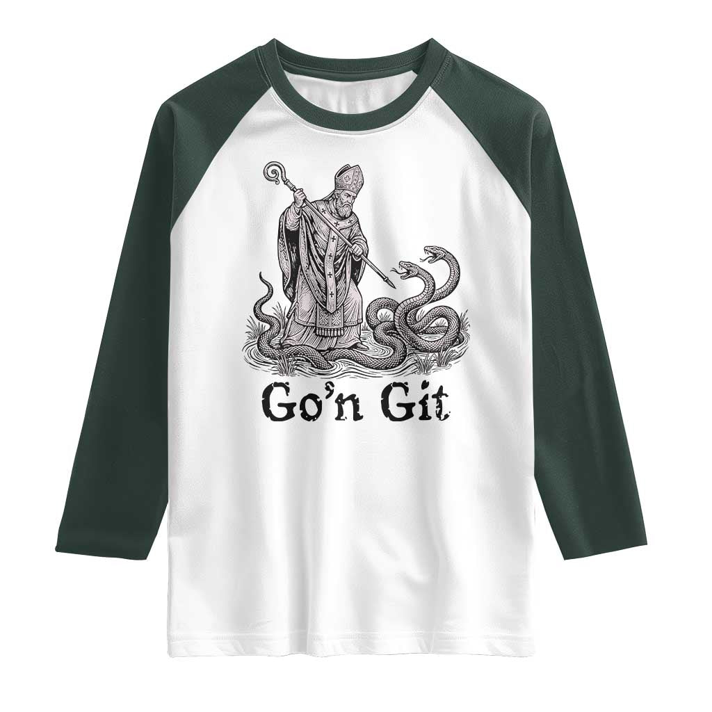Go'n Git Funny Saint Patrick Banishing Snakes Raglan Shirt Irish History Humor St Patricks Day
