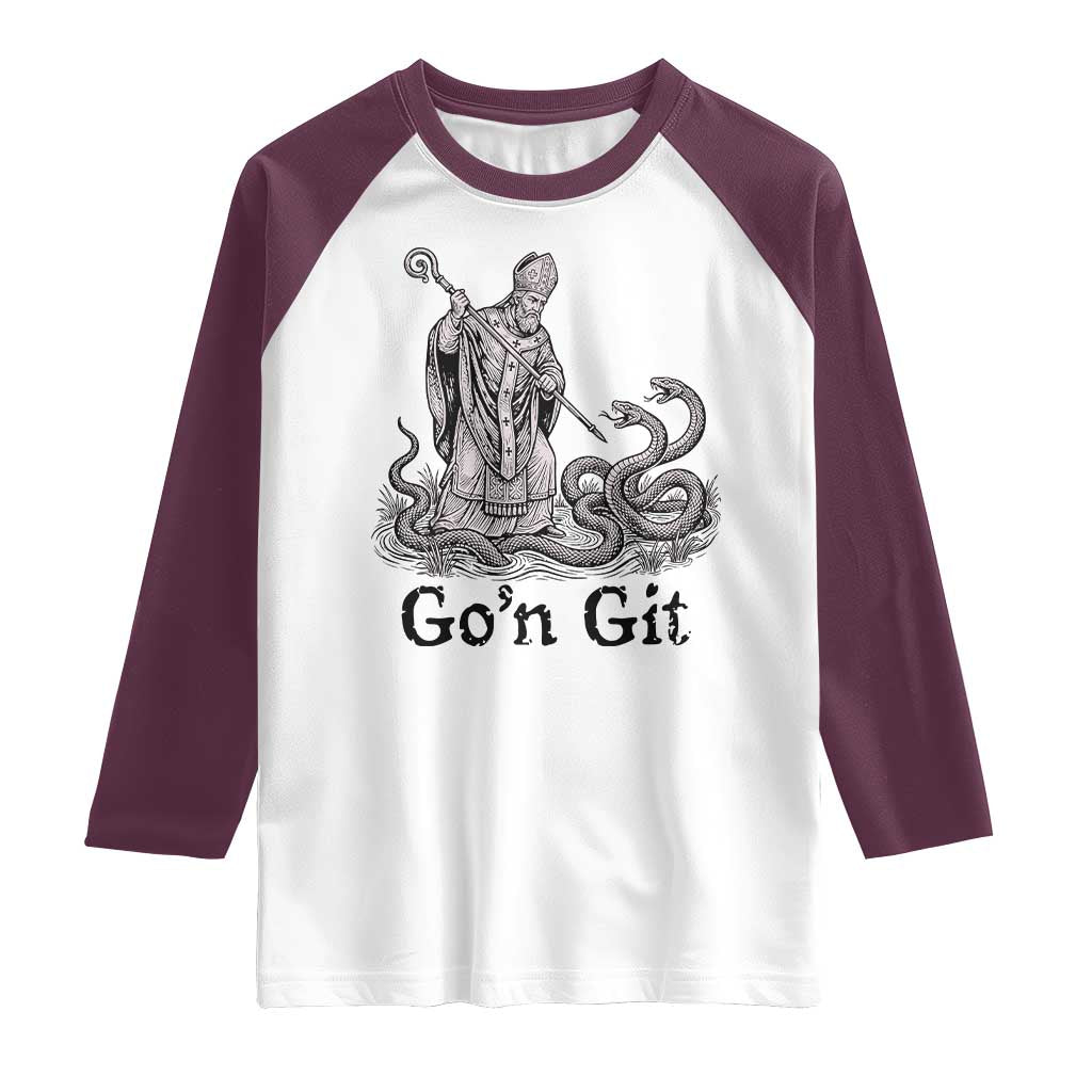 Go'n Git Funny Saint Patrick Banishing Snakes Raglan Shirt Irish History Humor St Patricks Day