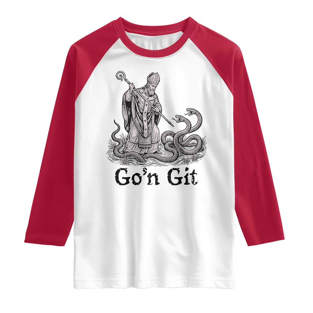 Go'n Git Funny Saint Patrick Banishing Snakes Raglan Shirt Irish History Humor St Patricks Day