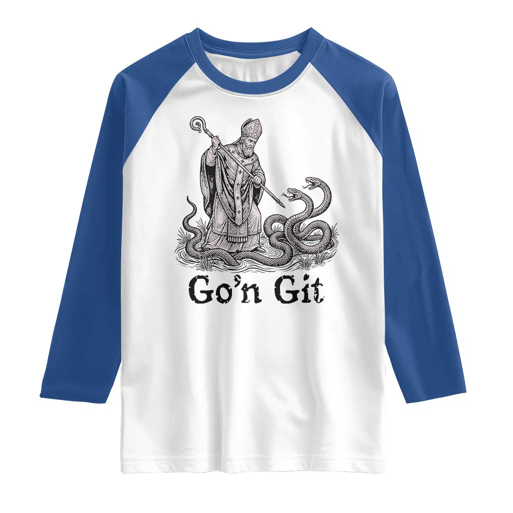 Go'n Git Funny Saint Patrick Banishing Snakes Raglan Shirt Irish History Humor St Patricks Day