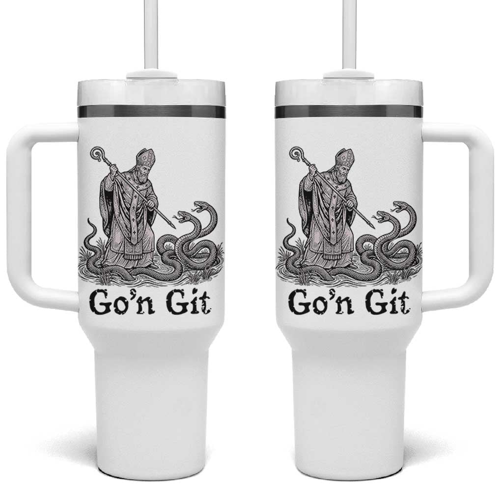 Go'n Git Funny Saint Patrick Banishing Snakes Tumbler With Handle Irish History Humor St Patricks Day