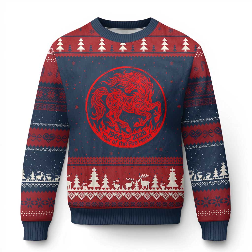 Year of the Fire Horse 1966 2026 Red Graphic Ugly Christmas Sweater 60 Years Chinese Zodiac Horse Vintage Style