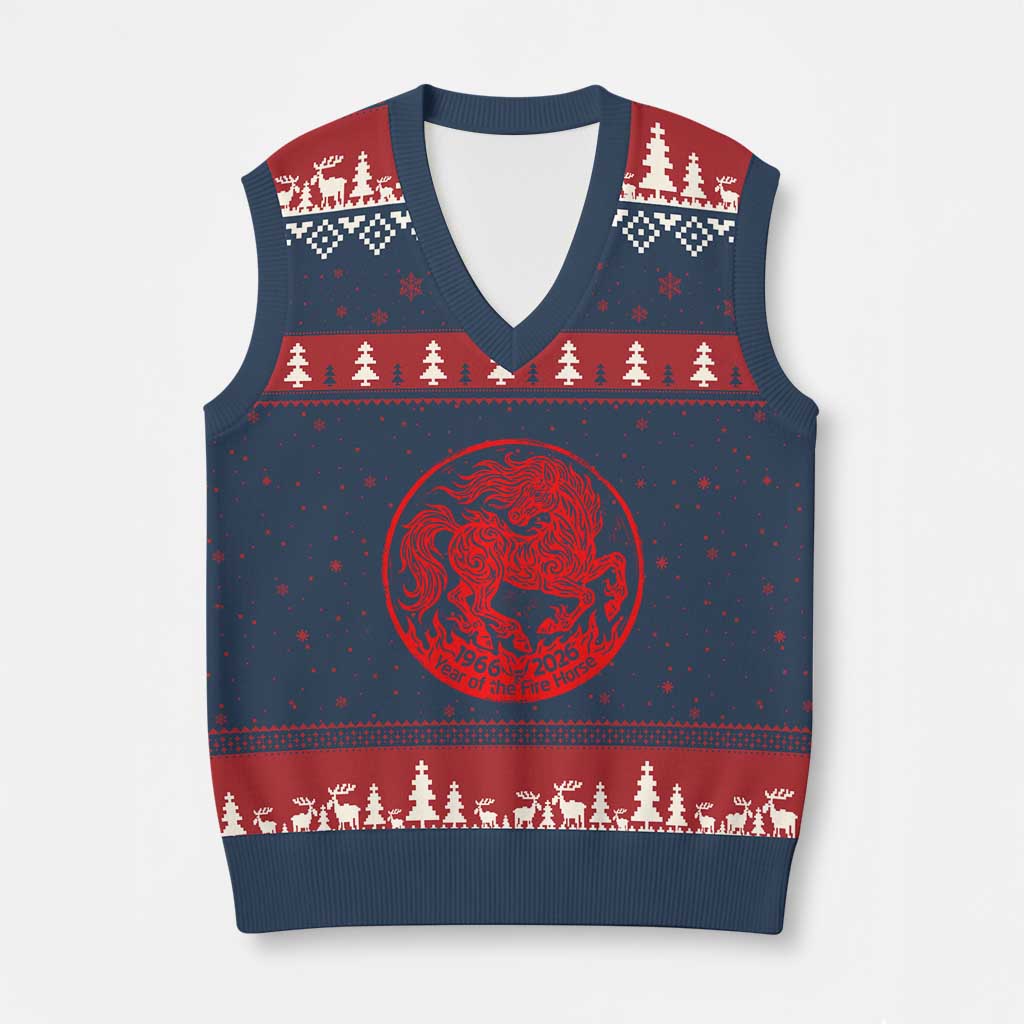 Year of the Fire Horse 1966 2026 Red Graphic V-Neck Knit Sweater Vest 60 Years Chinese Zodiac Horse Vintage Style