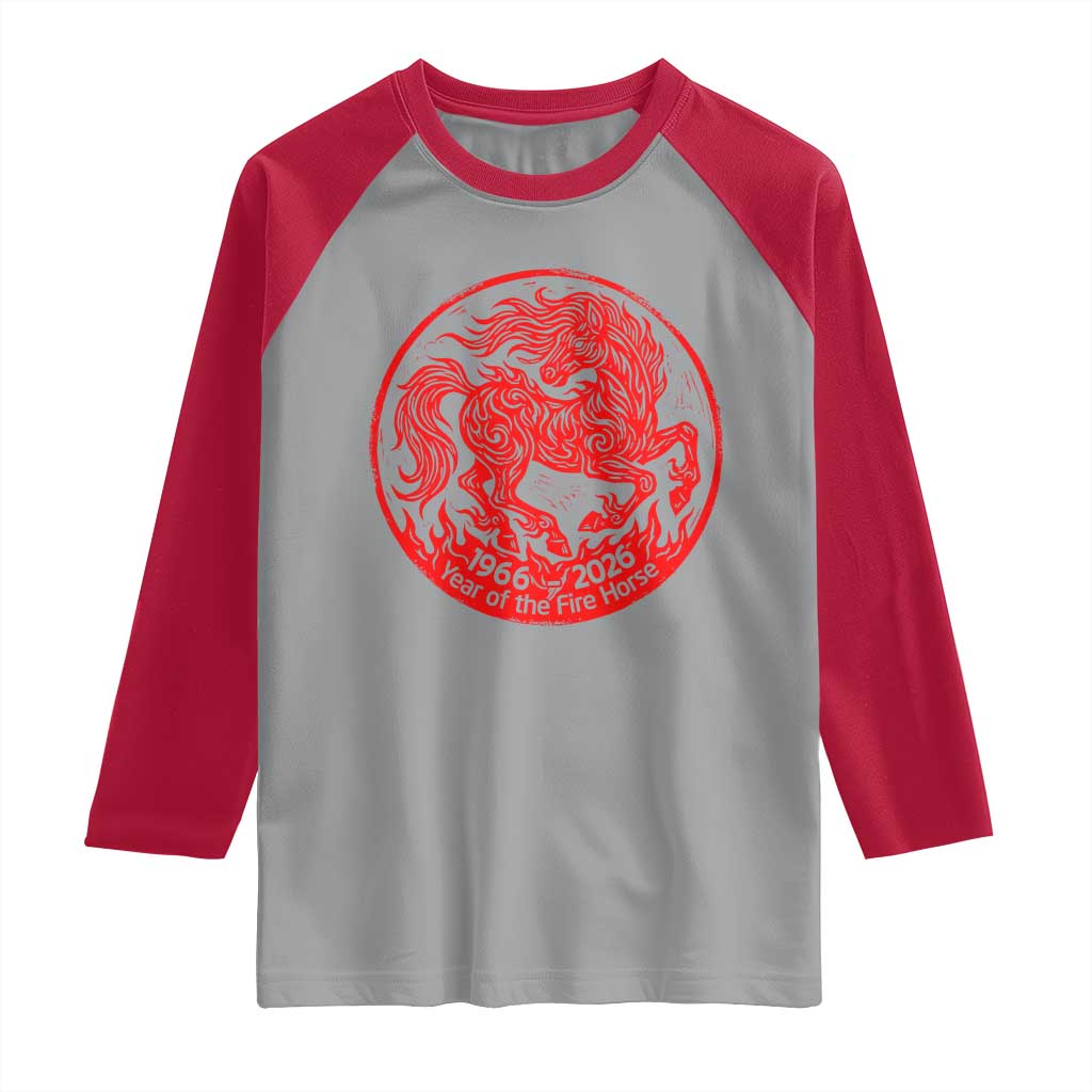 Year of the Fire Horse 1966 2026 Red Graphic Raglan Shirt 60 Years Chinese Zodiac Horse Vintage Style
