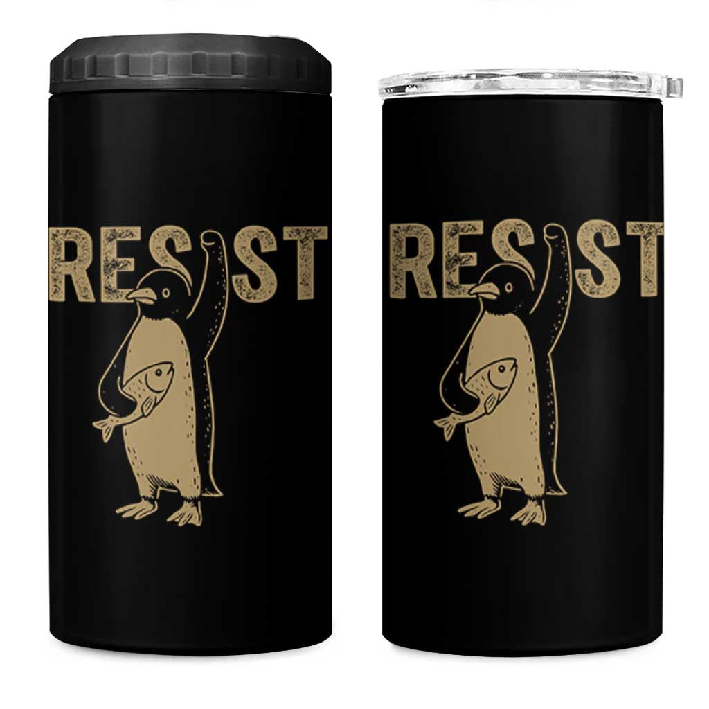 Funny Penguin Resist 4 in 1 Can Cooler Tumbler Against Tariffs Activism Vintage
