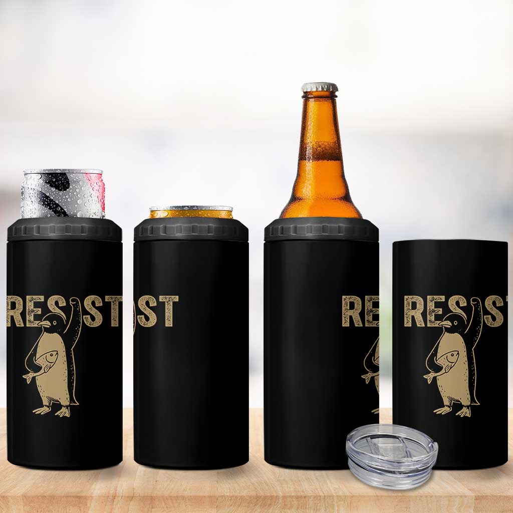 Funny Penguin Resist 4 in 1 Can Cooler Tumbler Against Tariffs Activism Vintage