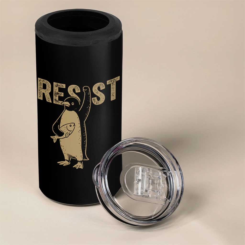 Funny Penguin Resist 4 in 1 Can Cooler Tumbler Against Tariffs Activism Vintage