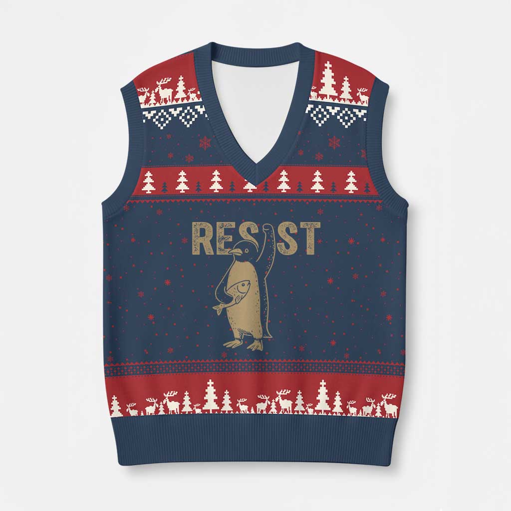 Funny Penguin Resist V-Neck Knit Sweater Vest Against Tariffs Activism Vintage - Wonder Print Shop