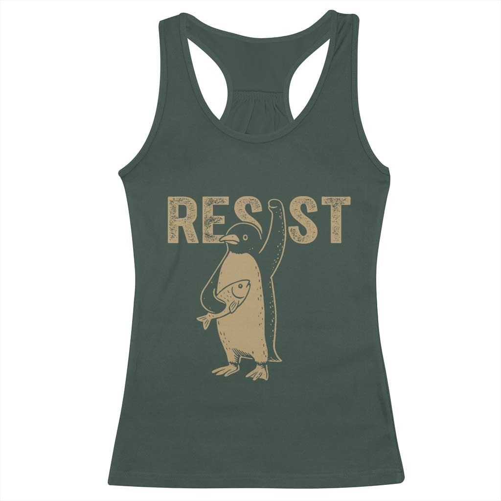 Funny Penguin Resist Racerback Tank Top Against Tariffs Activism Vintage
